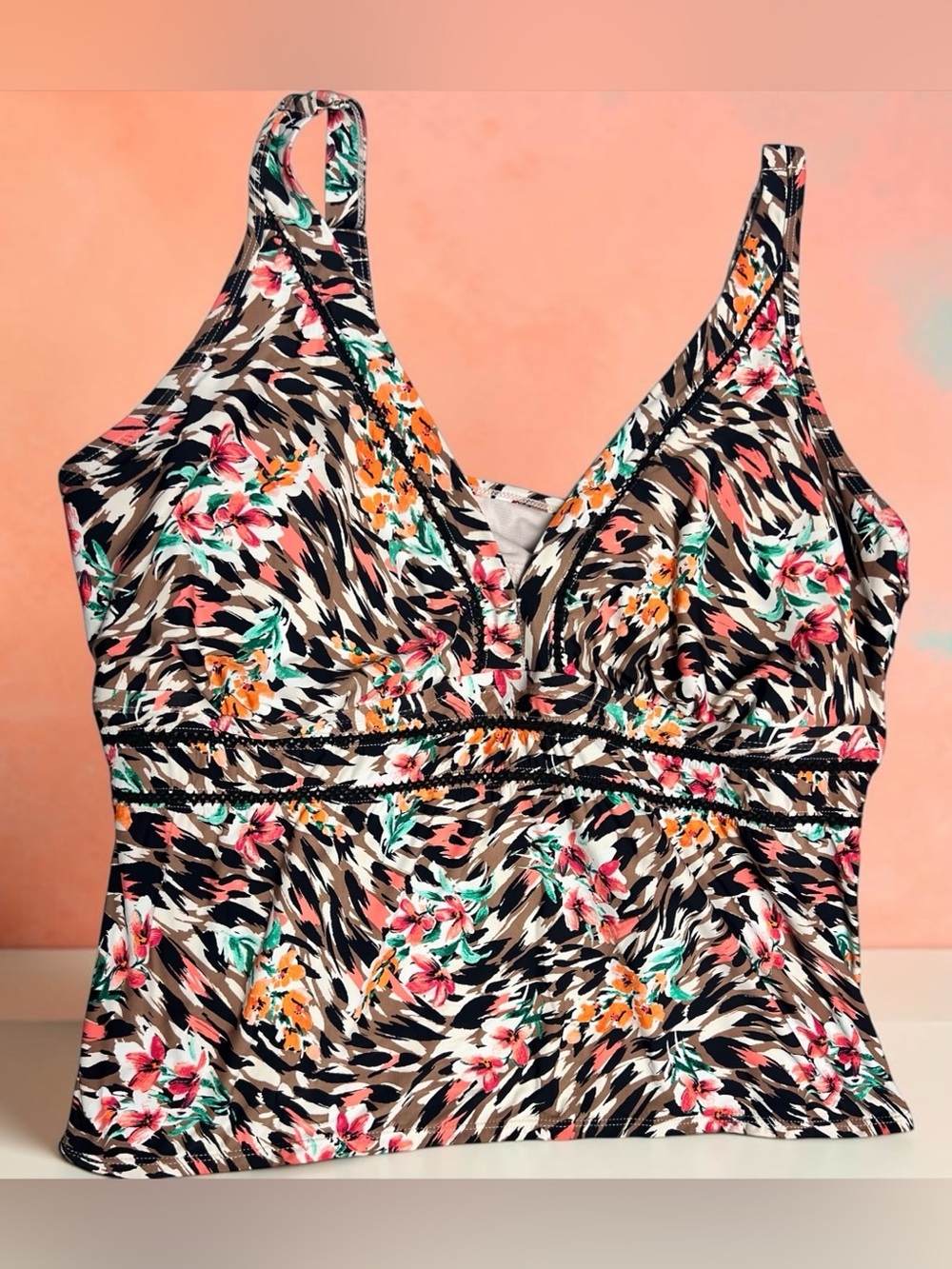 Time and Tru Floral Animal-Print Tankini Top in Black, Tan, Pink, Green